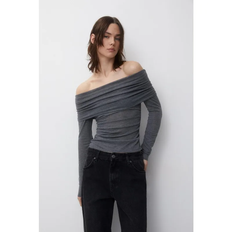 Women's Autumn Spring Top T-shirt Off-the-shoulder Solid Color Long Sleeve Sexy Simple Casual Design Fashion Soft Niche Skinny