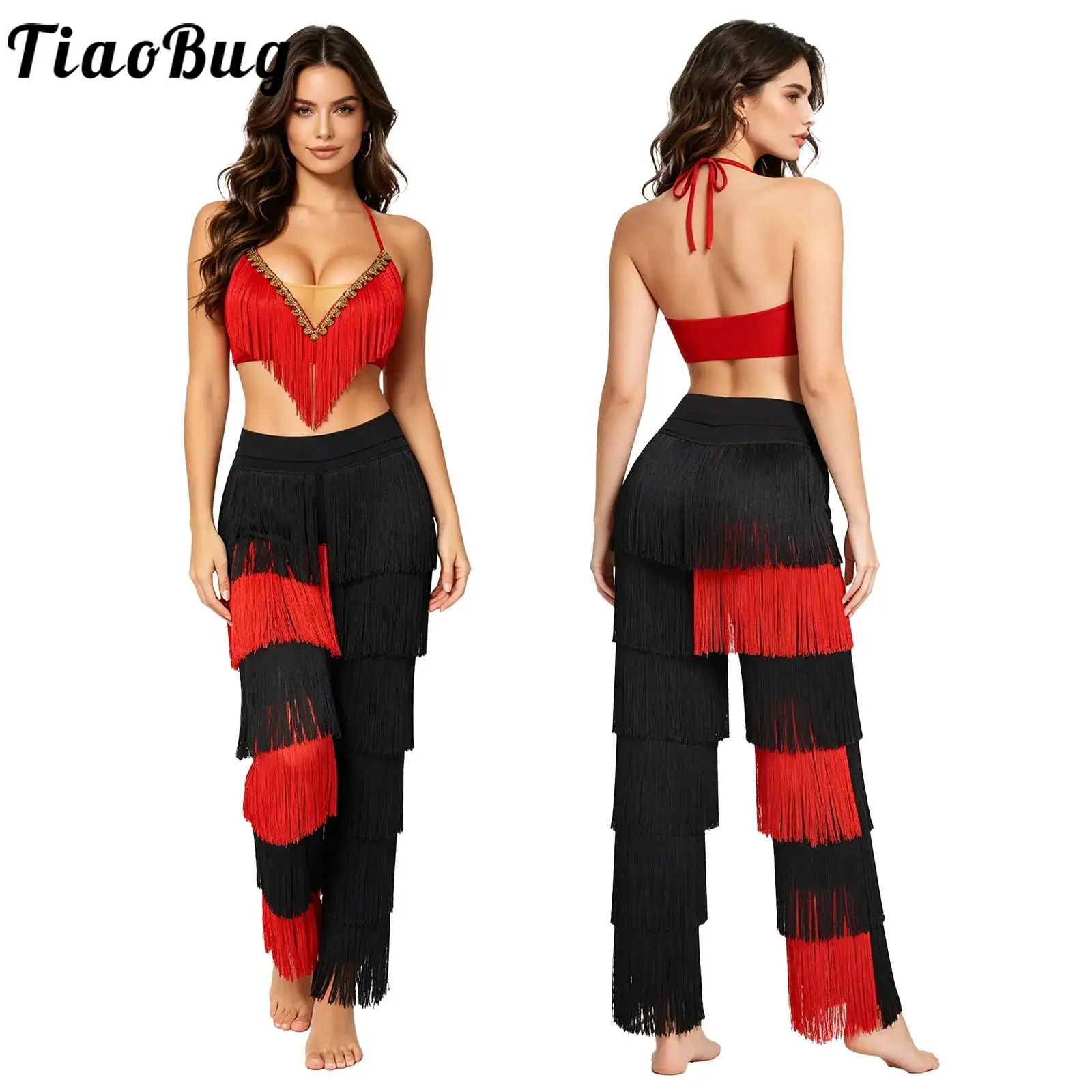

Women Belly Dance Performance Costume Latin Tassel Tango Jazz Rumba Outfit Lace-up Halter Tassel Crop Top with Fringed Pants Set