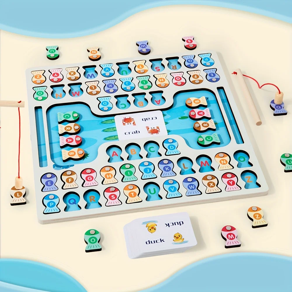 幼児向け木製磁気釣りゲーム 細かい運動能力を養うモンテッソーリ玩具 ABC アルファベット単語 色認知 分類パズル