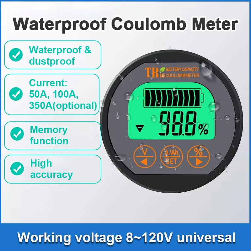 High Precision Waterproof Coulomb Meter 8-120V 50A/100A/350A LCD Digital Battery Capacity Tester with 2m Cable Ammeter Voltmeter