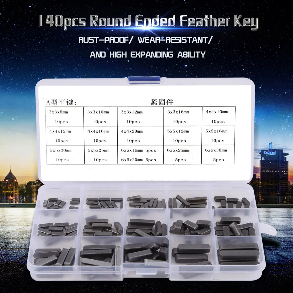140pcs A3 Carbon Steel Round Ended Feather Key Parallel Drive Shaft Keys Pins Set 8mm 10mm 12mm 16mm 20mm 25mm 30mm