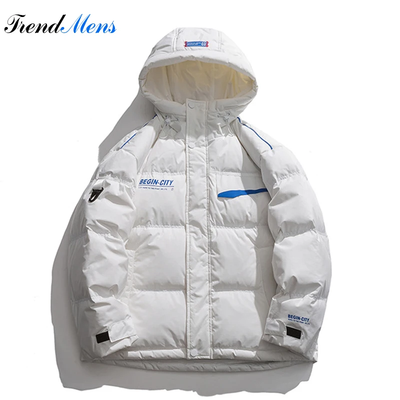 Winter Collection Print Letter Drawstring Hooded Down Coat Men Japanese Retro Fashion Thick Warm White Duck Down Parka Unisex