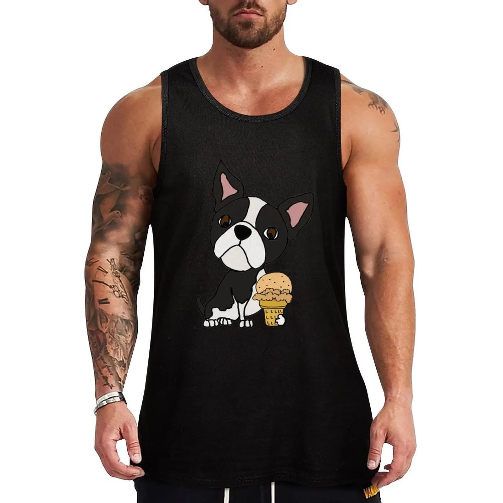 Funny Boston Terrier Dog eating Ice Cream Tank Top No Wrinkle Tank Top Casual Daily Sleeveless Wear