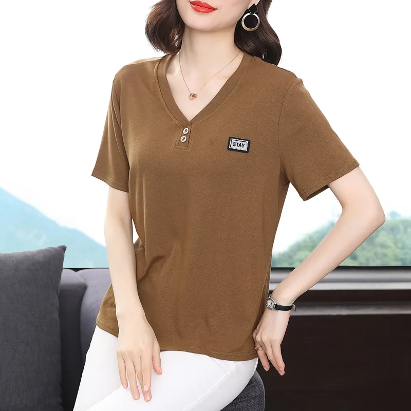 Summer New Women\'s Clothing Short Sleeve V-Neck Solid Button T-shirt Loose Home Slim Casual Versatile Elegant Bottom Tops