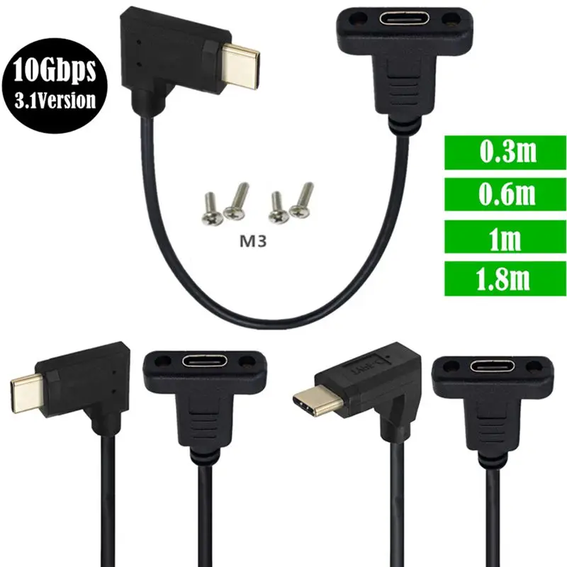 30cm 60cm 1m USB 3.1 Type-C Male to Female Extension Cable With Panel Mounting Screw Holes 10Gbps Gold-plated 90 Degree Elbow
