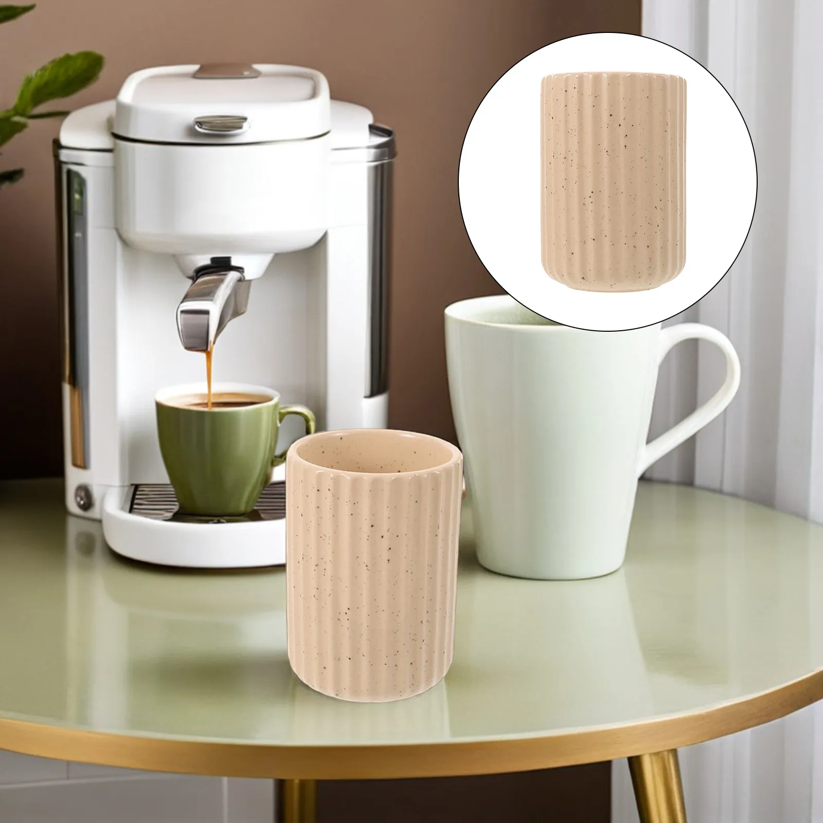 

Vintage Ceramic Mug Coffee Bar Counter Organizer Tea Coffee Spoon Stirrer Holder Small Utensil Jar Fluted Vertical Stripe Khaki