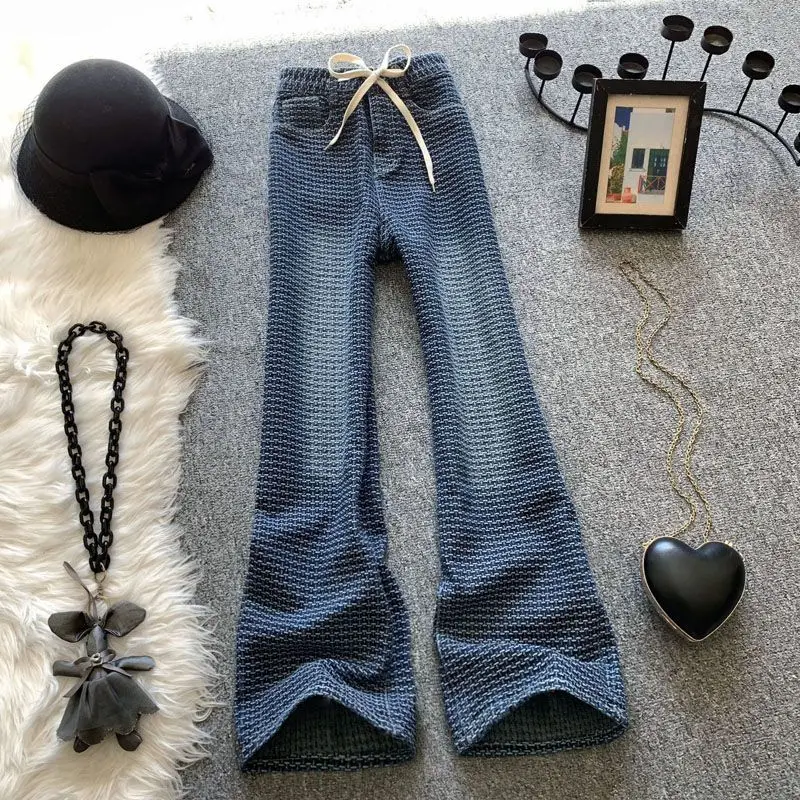 

Women Korean Style Vintage Textured Streetwear Washed Flare Jeans Female High Waist Slim Pockets Straight Denim Pants Pantalones