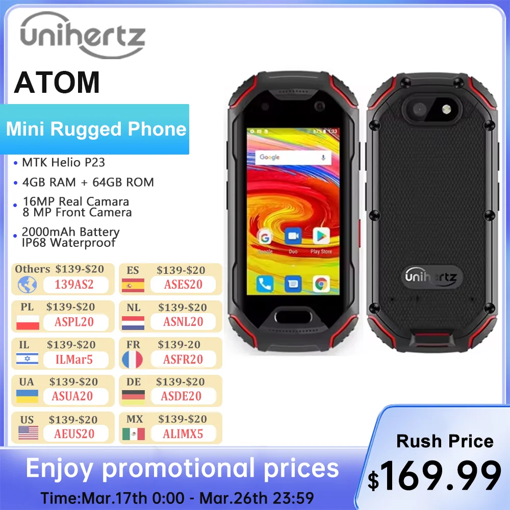 Unihertz-ATOM Mini Smartphone Robusto, Celular Desbloqueado, Android 9 Octa Core, 2000mAh, NFC, 4GB, 64GB, 2,45 em