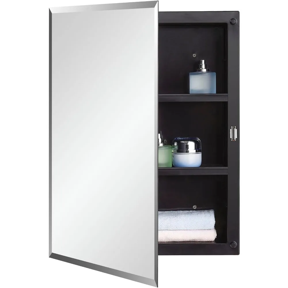 

Black Plastic Bathroom Medicine Mirror Cabinet Beveled Edge, 16 x 20 inch, Surface and Recessed Mount