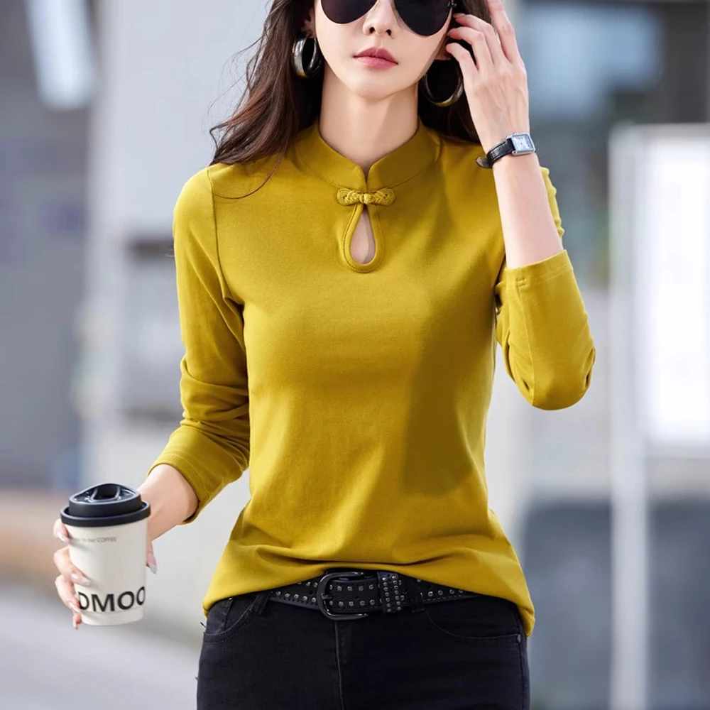 Yellow stand collar pure cotton long sleeved T-shirt for women's autumn and winter new high-quality Chinese qipao plus size top