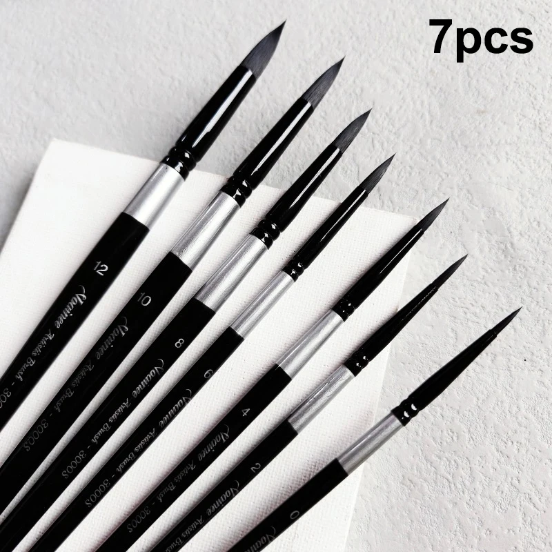 ✰✪7Pcs Art Brush Set Round/Pointed Tips For Gouache/H2O | Beginner Artist Kit W/Wood Handle (No Shed)