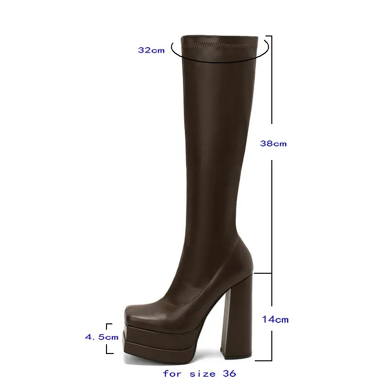 2022 Women Knee High Boots Platform Thick High Heel Ladies Calf Boots PU Leather Square Toe Side Zipper Dress Women\'s Boots