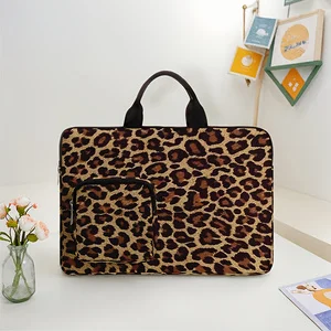 Classic Leopard Print Laptop Handbag Shockproof Notebook Case With Front Pocket For Travel Office