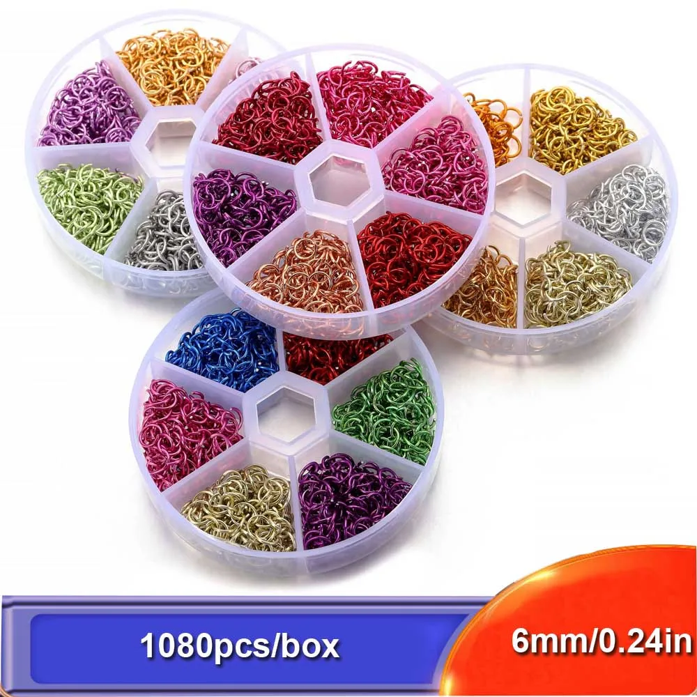 1080pcs Colorful Jump Rings for Jewelry Making 6mm Aluminum Open Jump Rings for Keychain Necklaces Bracelet Earring Crafts
