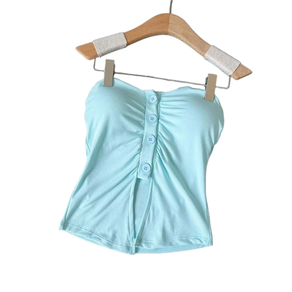 

Corset Pleated Button Camisole Slim Fit Strapless Crop Tops with Pads Sleeveless Bottom Layer Vest Suspender Vest Ladies