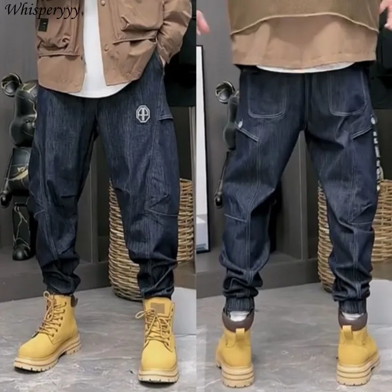 

Embroidery Large Pocket Cargo Jeans Men's Spring Autumn New Fashion Loose Denim Trousers Casual Draw String Elastic Waist Pants