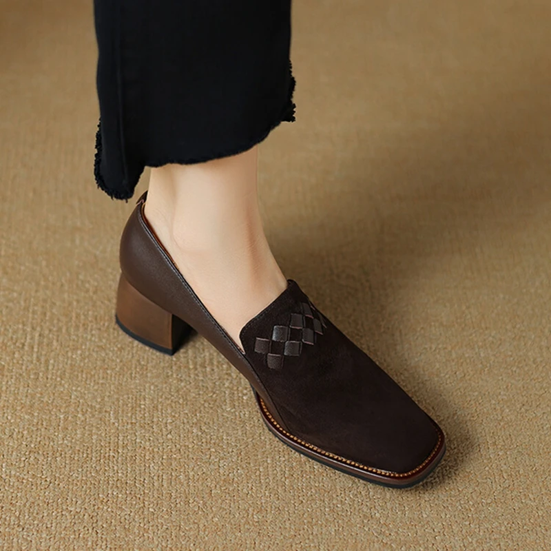 NEW Spring/Autumn Women Loafers Sheep Suede Leather Shoes for Women Square Toe Chunky Heel Black Shoes Concise Weave Women Pumps