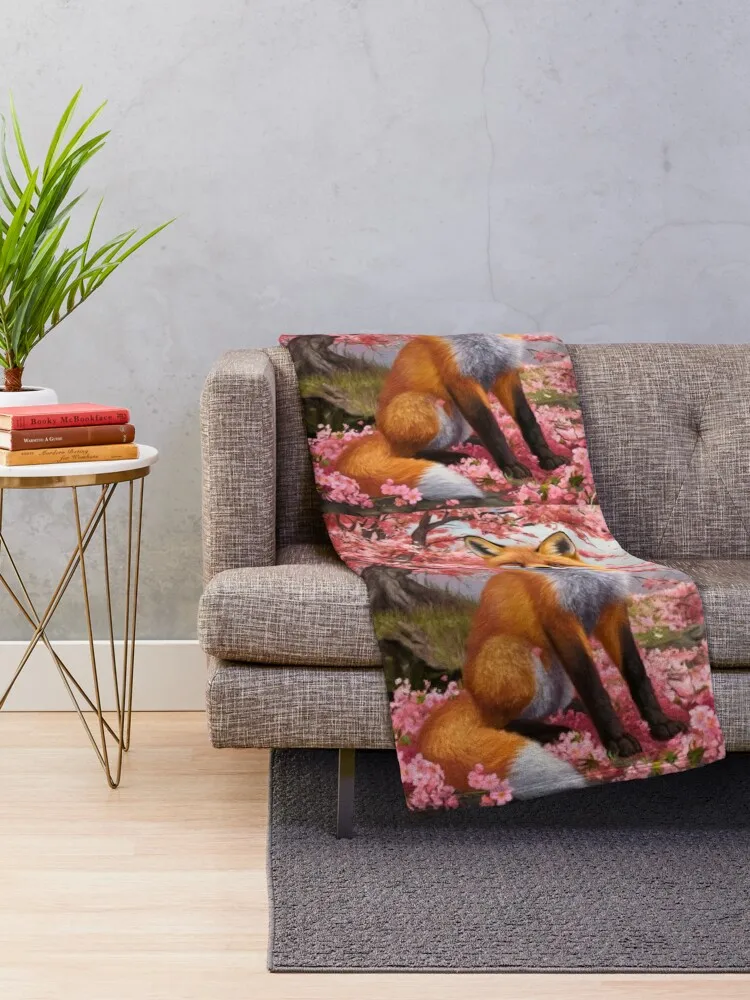 Fox Portrait. Fox with cherry blossom, floral fox, fox painting, Raphael style Throw Blanket Hairy Softest Blankets