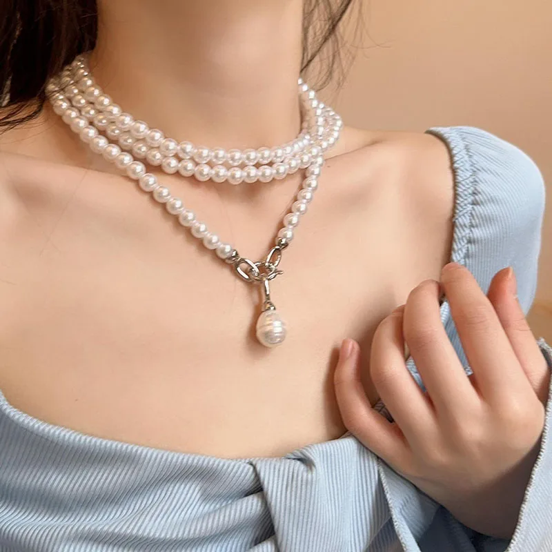 2024 New Trendy Pearls Long Necklace For Women Statement Personality Chains Big Pendant Collares Jewelry Accessory Wholesale