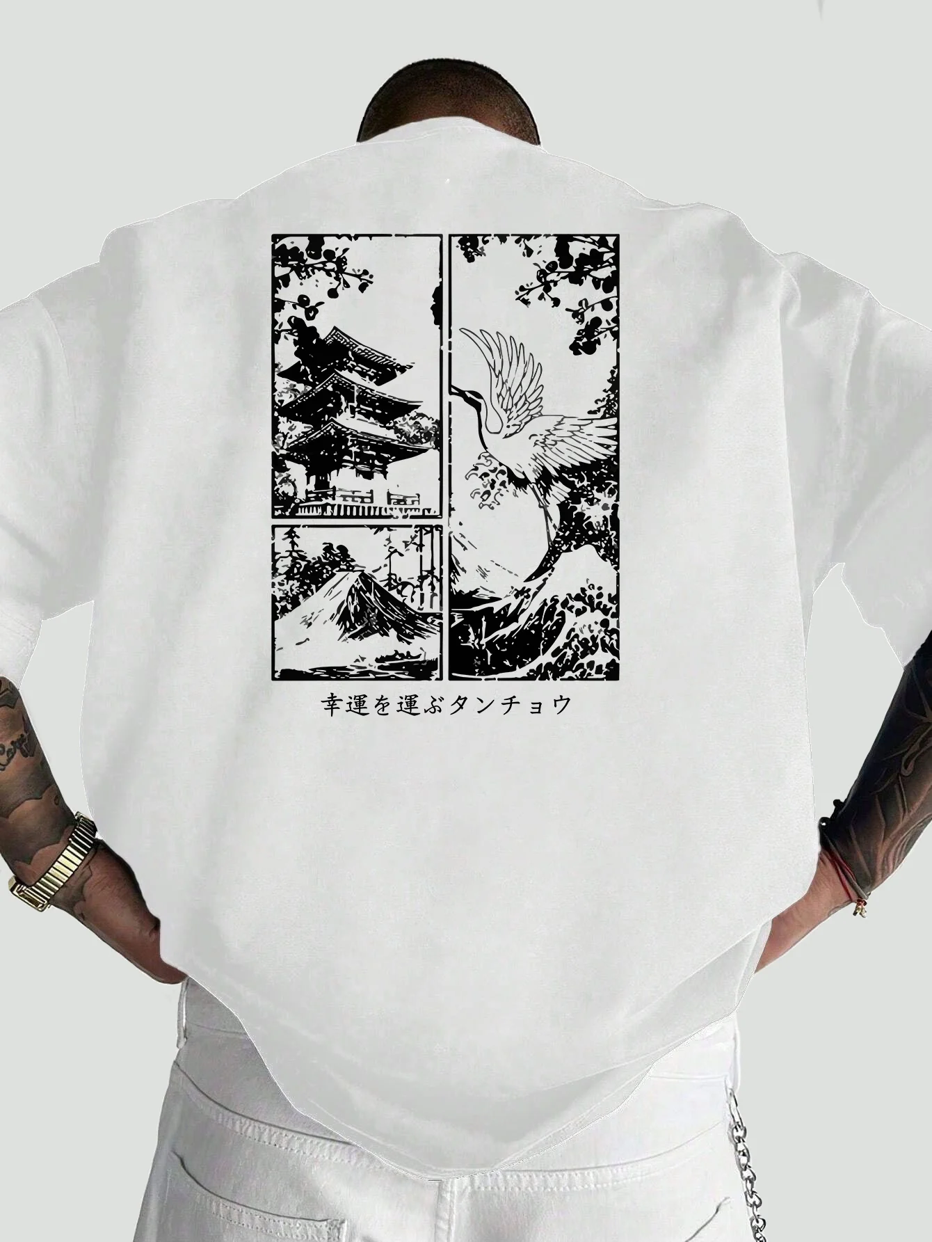 Men Oversized T Shirt Japanese Pagoda Crane Mount Fuji Panel Art Back Print Crew Neck Short Sleeve Asian Street Casual Tee