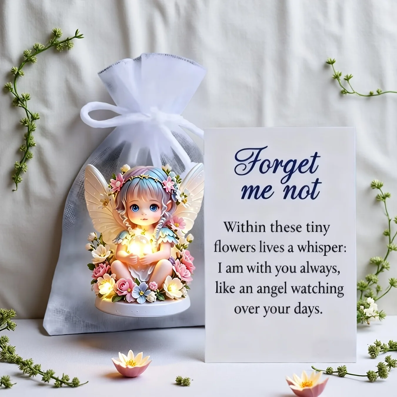 2D Elf Flower Angel Pocket Hug Figurine Ornament 2D Elf Girl Flower Angel with Emotional Encouragement Card and Oshagane Pocket Hug Token Commemorative Elf Angel Suitable for Room Decoration, Home Decoration, Office Decoration, and the Best Commemorative Gift for Family and Friends