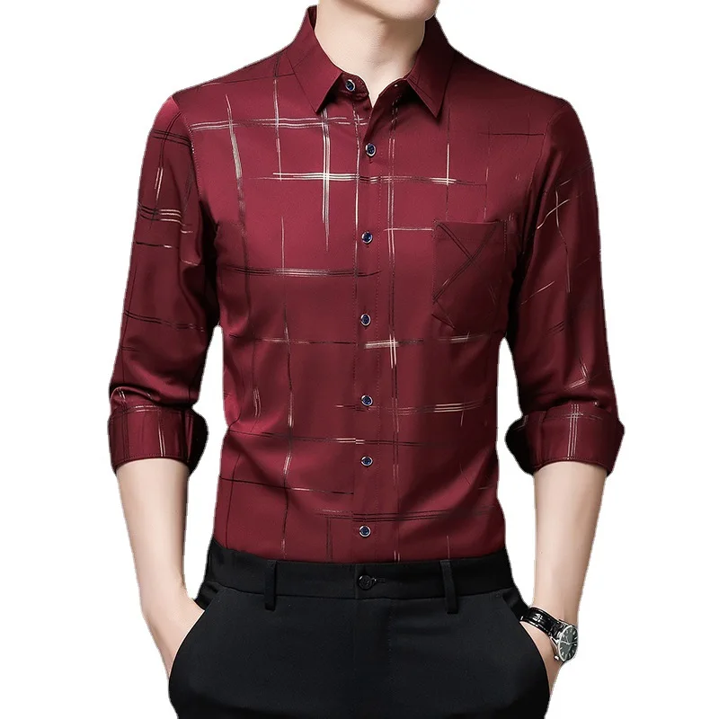 New Argyle Men\'s Dress Shirts MaleHigh Quality Long Sleeve Slim BusinessCasual Shirt Turn Down Collar Stripes Single-preasted