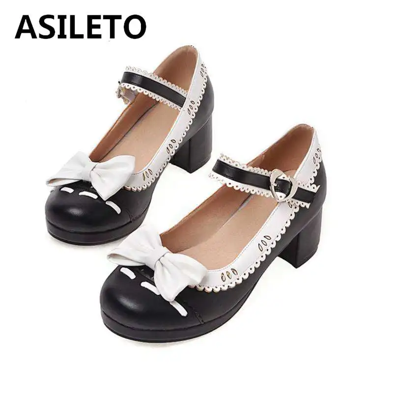 

ASILETO Spring Autumn knot pumps Shoes woman Med heels Round toe Bowtie Big size 33-43 sweet ruffle Lolita princess girl shoes