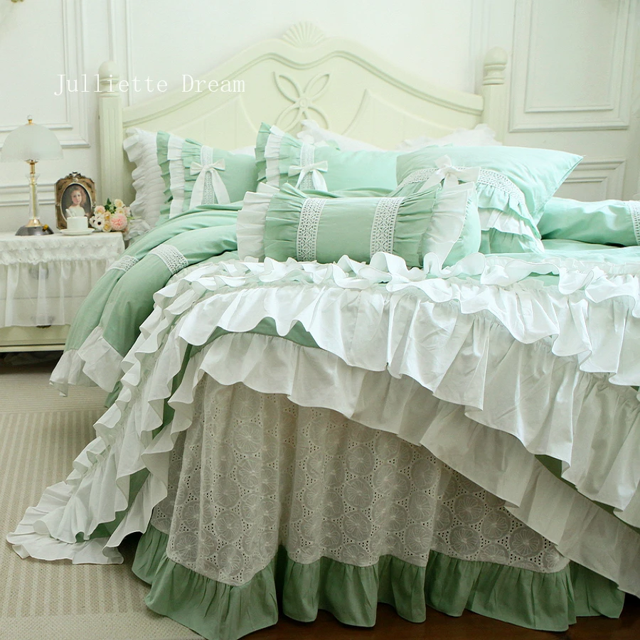 Lace Bedding Set French Korean Princess Style Pure Cotton Bed Linen 4 Piece Set with Bed Skirt Pillowcase Duvet Cover