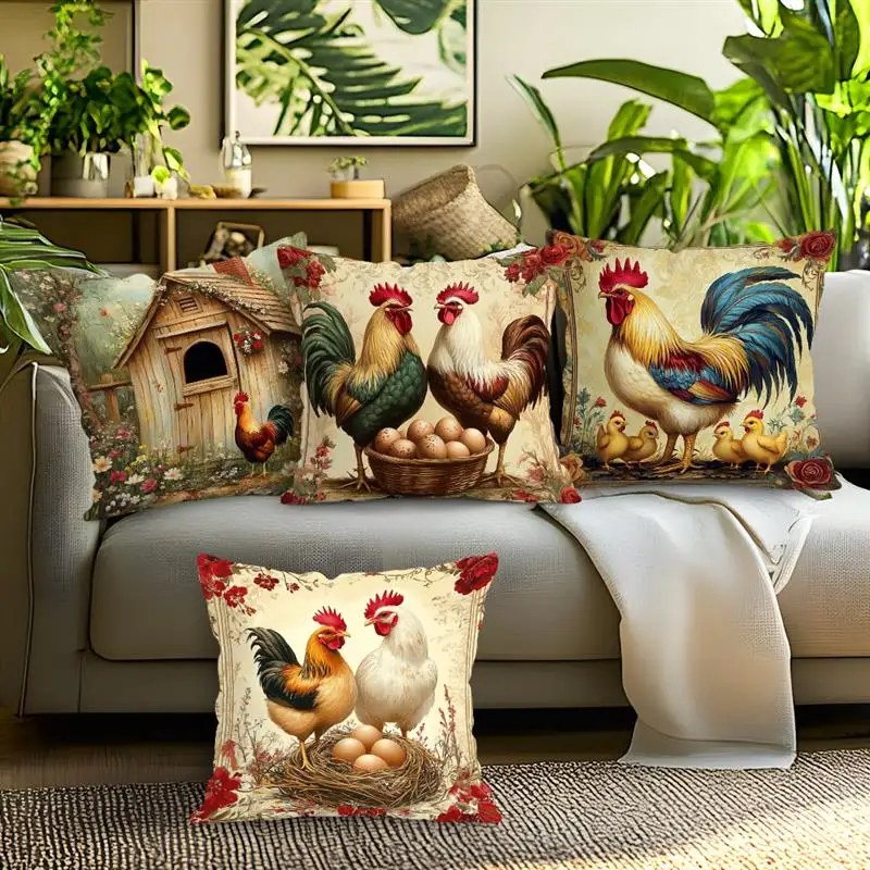 Retro Farmhouse Rooster Cushion Covers 18x18Inch Couch Throw Pillow Case For Car Pillowcase Living Room Christmas Decoration
