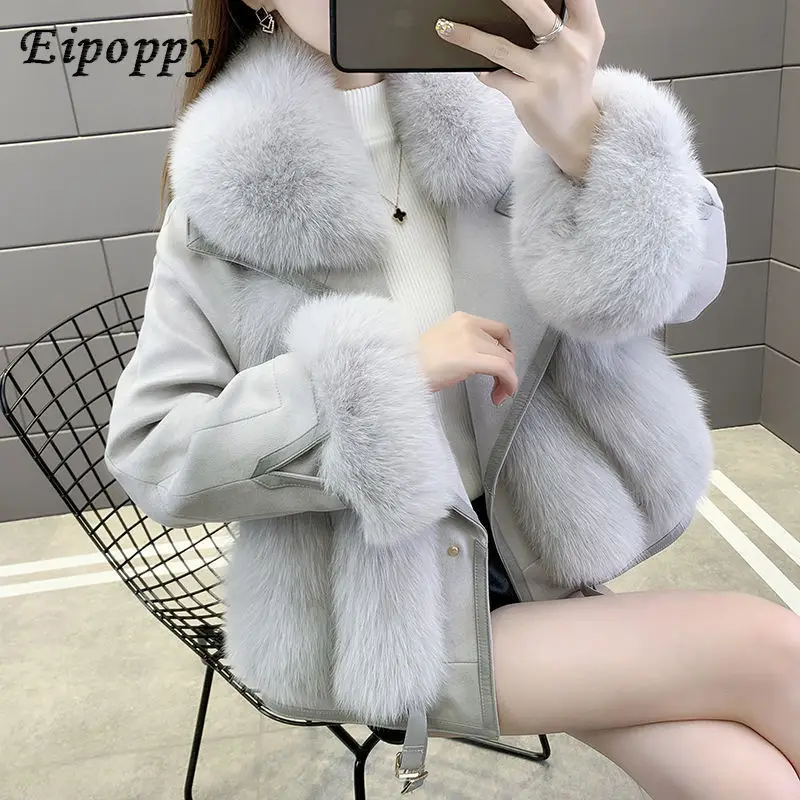 New Faux Suede Faux Fox Fur Faux Fur Coat Female Winter Haining Fashion Fur and Leather Overcoat