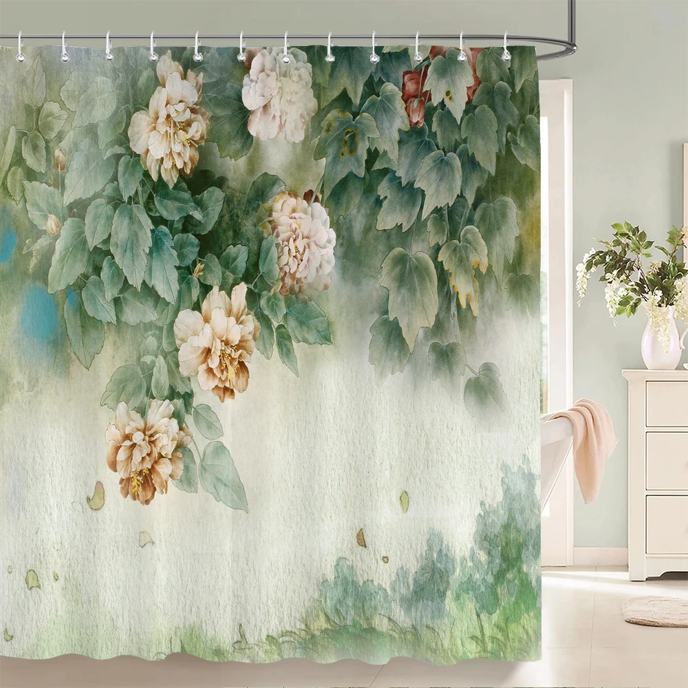 Beautiful Flowers Shower Curtain Bathroom Waterproof Shower Curtain Leaves Plant Printing Curtains for Bath Shower With Hooks