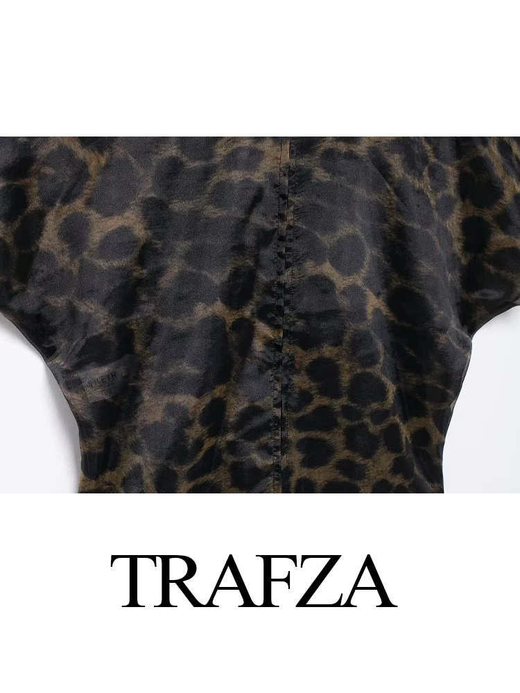 TRAFZA Women Fashion Leopard Double Layer Organza Zip Top Female Black Elegant Pleated Oversize Short Sleeve Casual Blouse Mujer