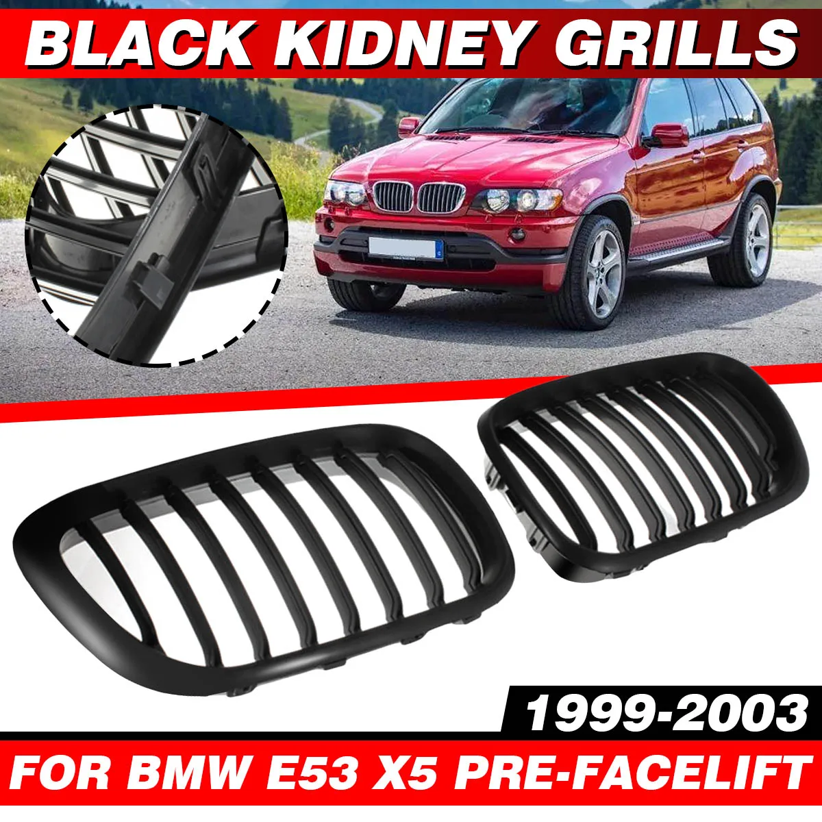 

2Pcs Auto Front Bumper Kidney Grille Racing Grill Black For BMW E53 X5 Sport 1999 2000 2001 2002 2003 Pre-Facelift