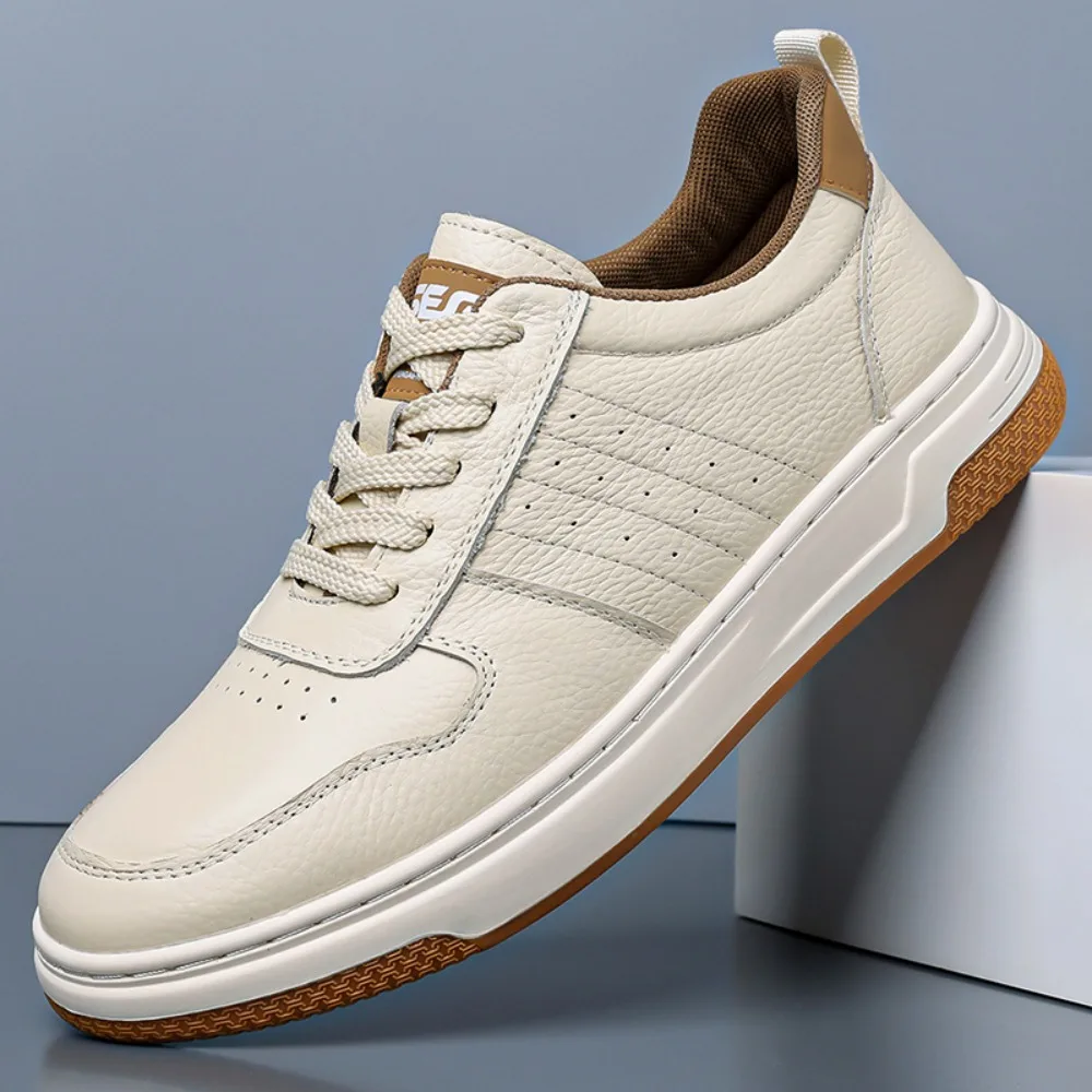 Top Layer Cowhide Autumn New Men's Casual Shoes Genuine Leather Breathable White Shoes Men's Sports Shoes Thick Soled Shoes