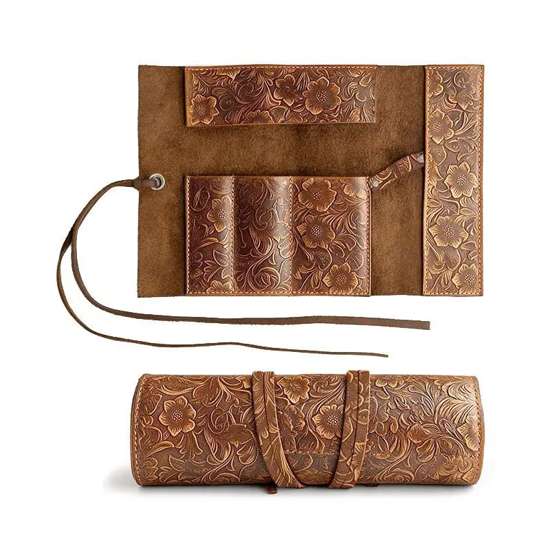 Back to School Supplies Top Grain Leather Retro Large Capacity Pencil Case Roll Stationery Storage Bag for Students