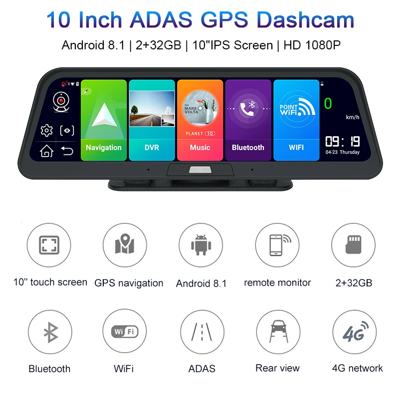 10inch ADAS Dash Cam 4G Dash Camera Car DVR Black Box Car camera Video Recorder Android8.1 GPS Bluetooth WIFI Rear camera Mirror