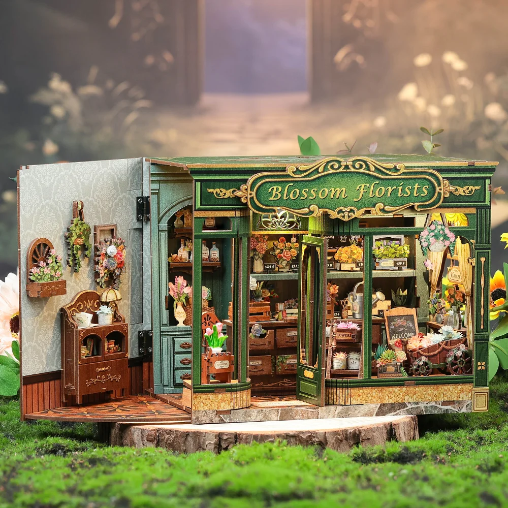 CUTEBEE Book Nook Kit 3D DIY Dollhouse with LED Light Bookshelf Insert Street Shop Series Miniature Model For Home Party Decor