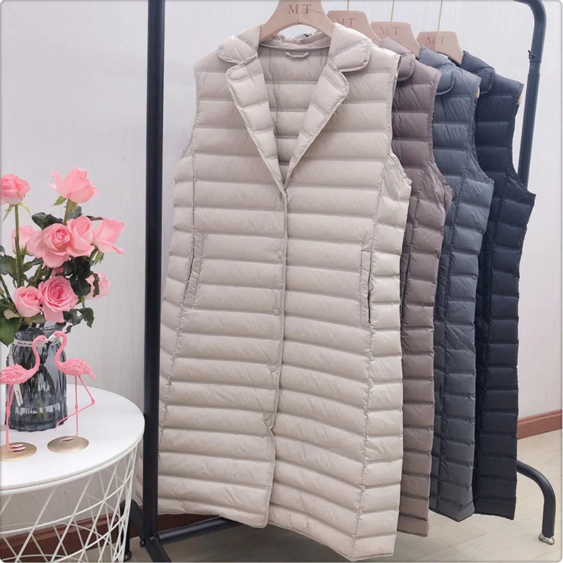 

Autumn Winter Light Thin Down Waistcoat Women White Duck Down Vest Coat Parkas Ladies Long Suit Collar Sleeveless Tank Jacket