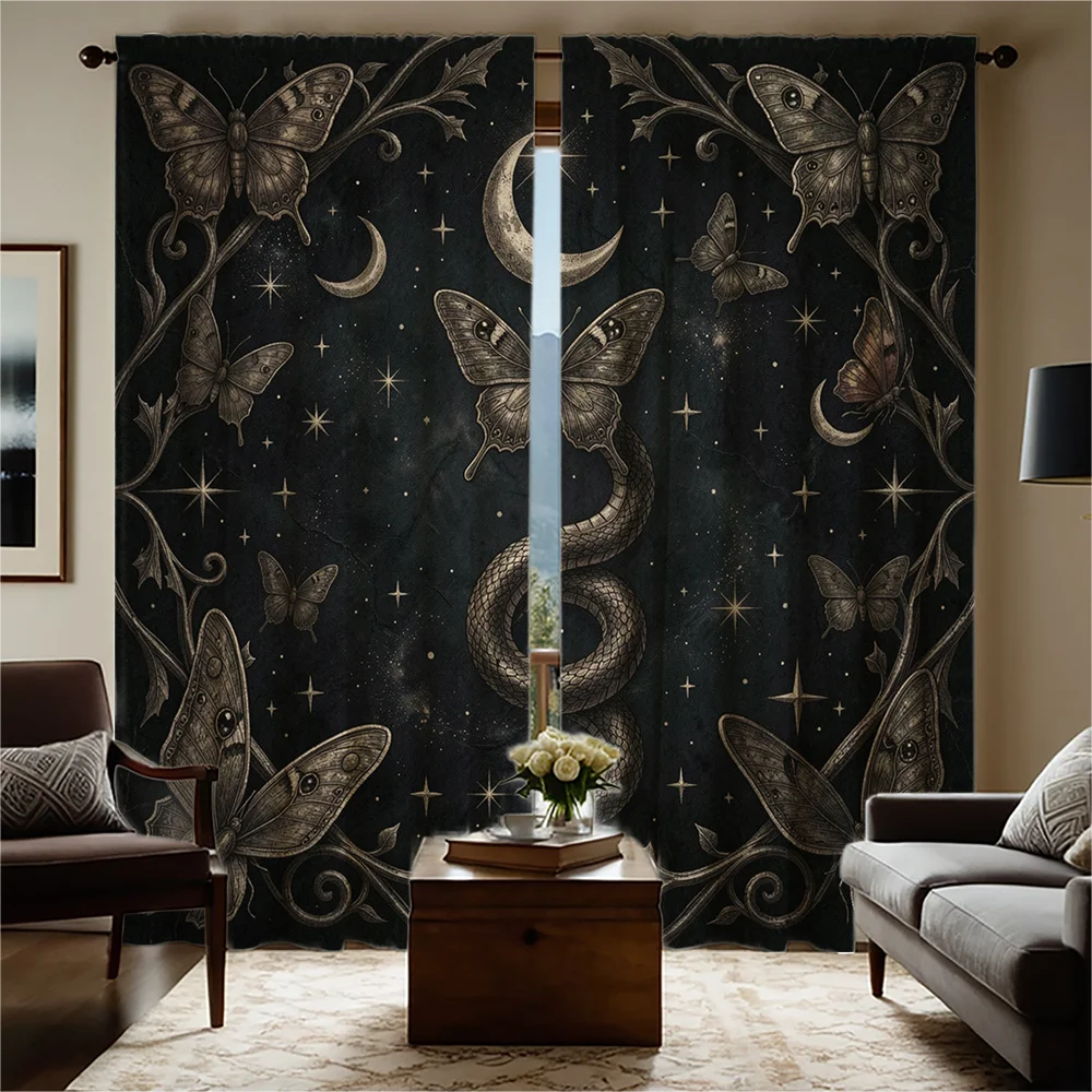 2pc Dramatic Gothic Butterfly Snake Curtains Living Room Window Drapes Celestial Bohemian Aesthetic Style Panel Curtains