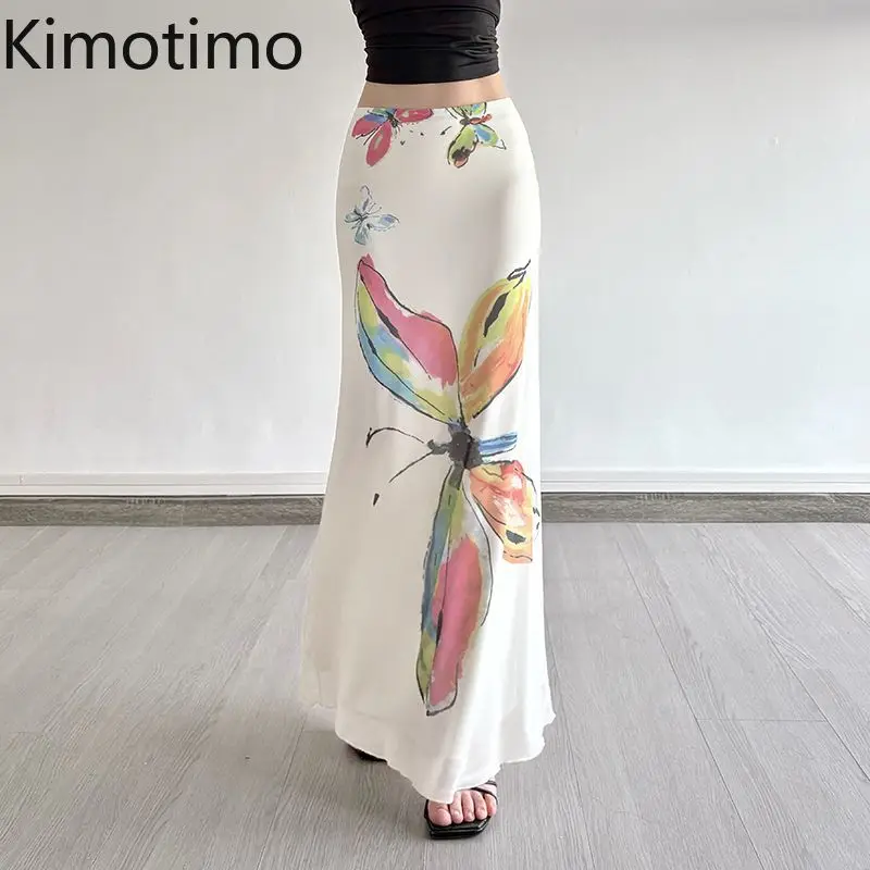 

Kimotimo Elegant Butterfly Printed Mesh Fishtail Skirt Women 2025 Summer Fashion Versatile Slim Hip Long Skirts Y2k Streetwear