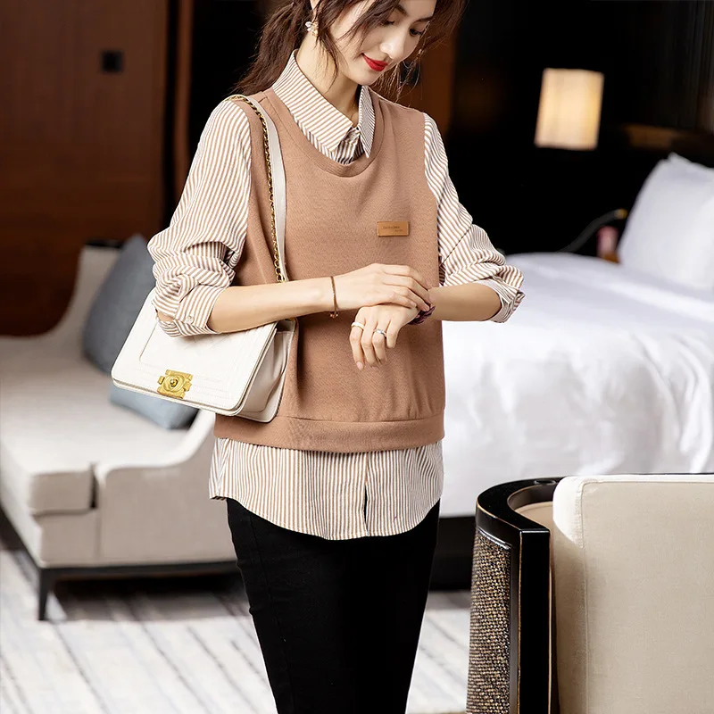 #4729 Khaki False Two Piece Sweatshirts Women Shirt Sleeve Polo Collar Vintage Office Hoodies Sweatshirt Tops Pullovers Spring