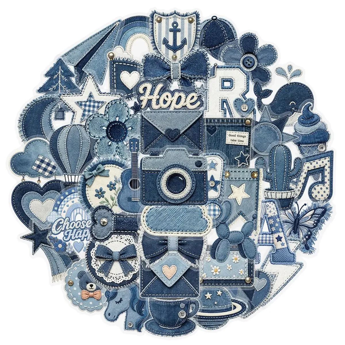 50PCS Cute Cowboy Ins Style Collage Stickers, Blue Denim Fresh Aesthetic Decals for Phone Scrapbook Journal, Waterproof DIY Gift