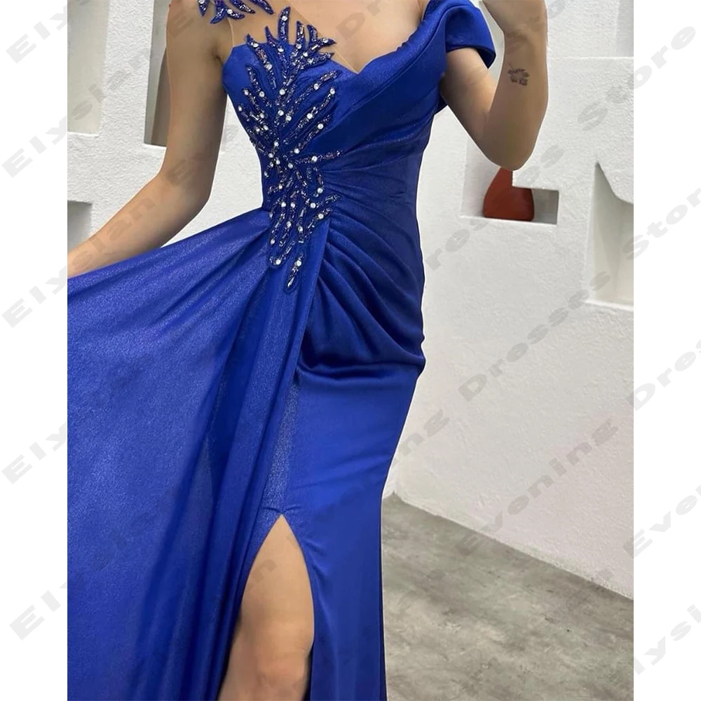 Royal Blue Women's Evening Dresses A-Line Side Split Princess Lace Applique Prom Gown Fashion Celebrity Party Vestidos De Fiesta