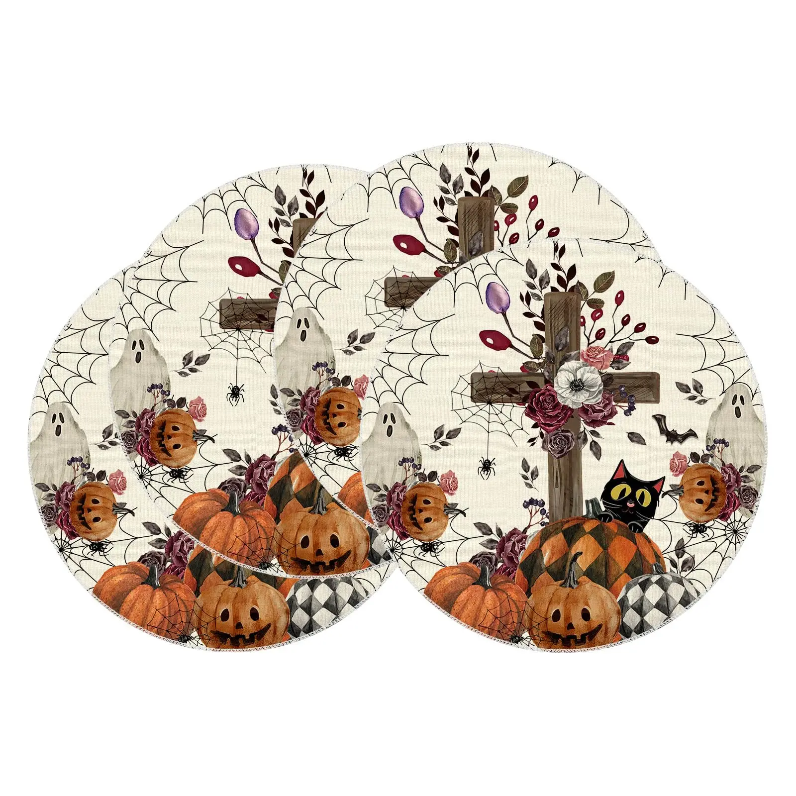 

Spooky Pumpkin Flowers Cross Halloween Round Placemats Table Mats for Party Home Kitchen Dining Table Decorations 14 Inch