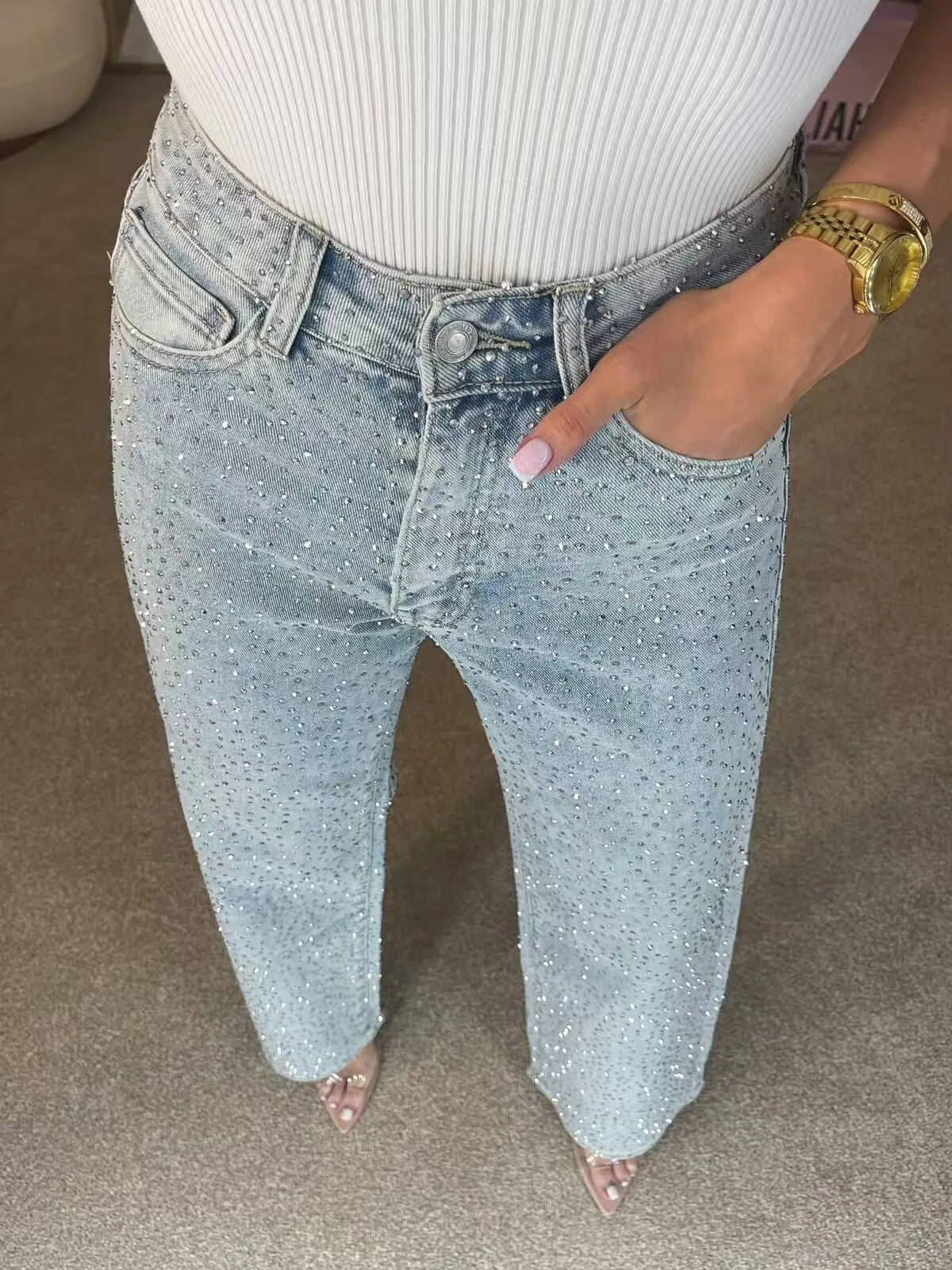 Shiny Rhinestone Jeans Pants Sexy Women High Waist Elegant Night Club Diamonds Denim Straight Trousers