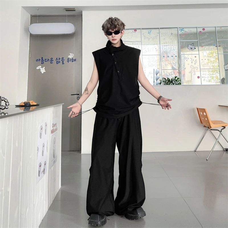 Men's High End Sleeveless Set Casual High Neck Button Detail Drawstring Waist Baggy Pants Minimalist Two Pieces Set 78O9
