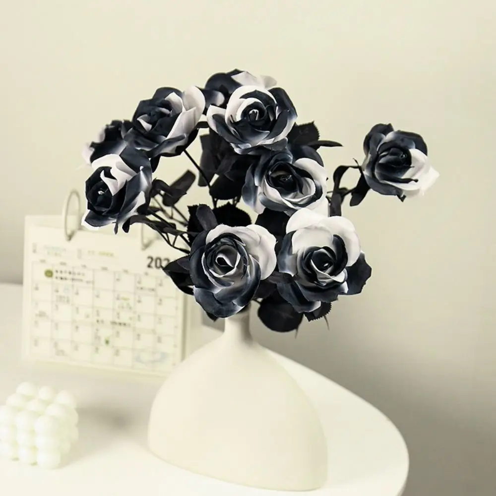 Black White Halloween Artificial Rose Flowers Gothic Soft Silk Faux Flowers Non-Fading Exquisite Simulation Flowers