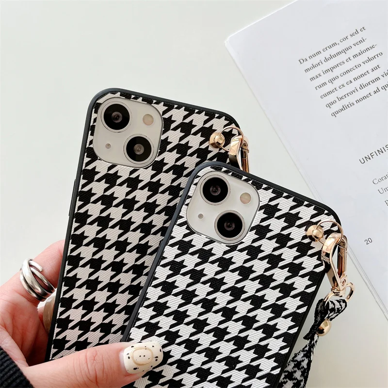 Fashion Crossbody Shoulder Strap Houndstooth Pattern Case for iPhone 14 Pro Max 13 Mini 12 11 X XR XS MAX 7 8 Plus Luxury Cover