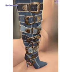 Punk Buckle Denim High Heel Boots,Pointed Toe Zipper Knee Boots Stiletto Motorcycle Boots for Women 2024 New Zapatos Para Mujere