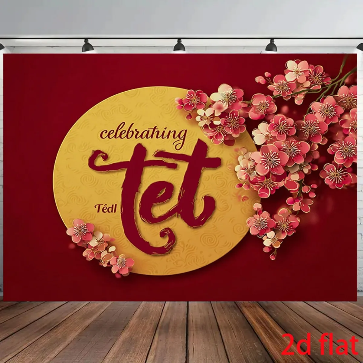 1 pancarta de Año Nuevo vietnamita de avión 2D | Linternas rojas y doradas, nubes, arquitectura tradicional vietnamita | Tamaño súper grande